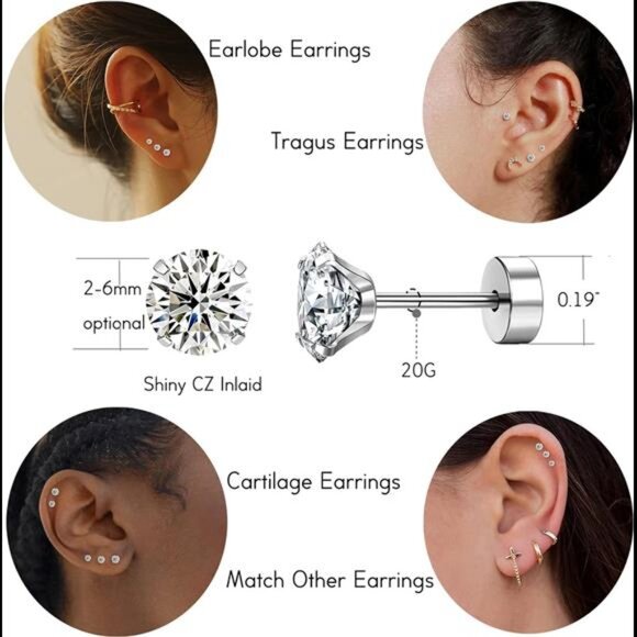20G Cartilage Earring Stud for WomenMen 316L Surgical Steel FlatBack EarringsSet - Picture 2 of 7